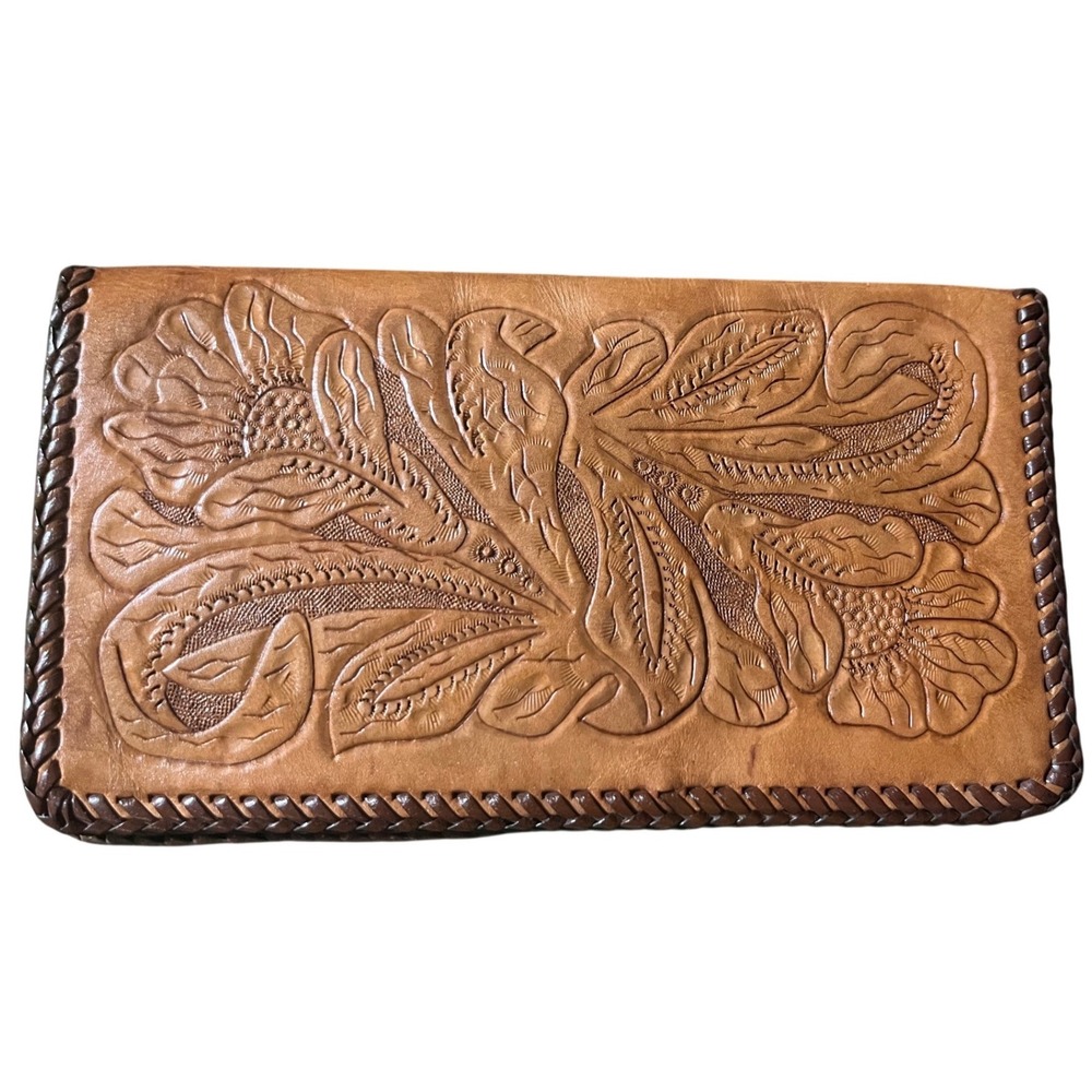Vintage Hand Tooled Leather Bi fold Wallet Floral‎ Design 60s
